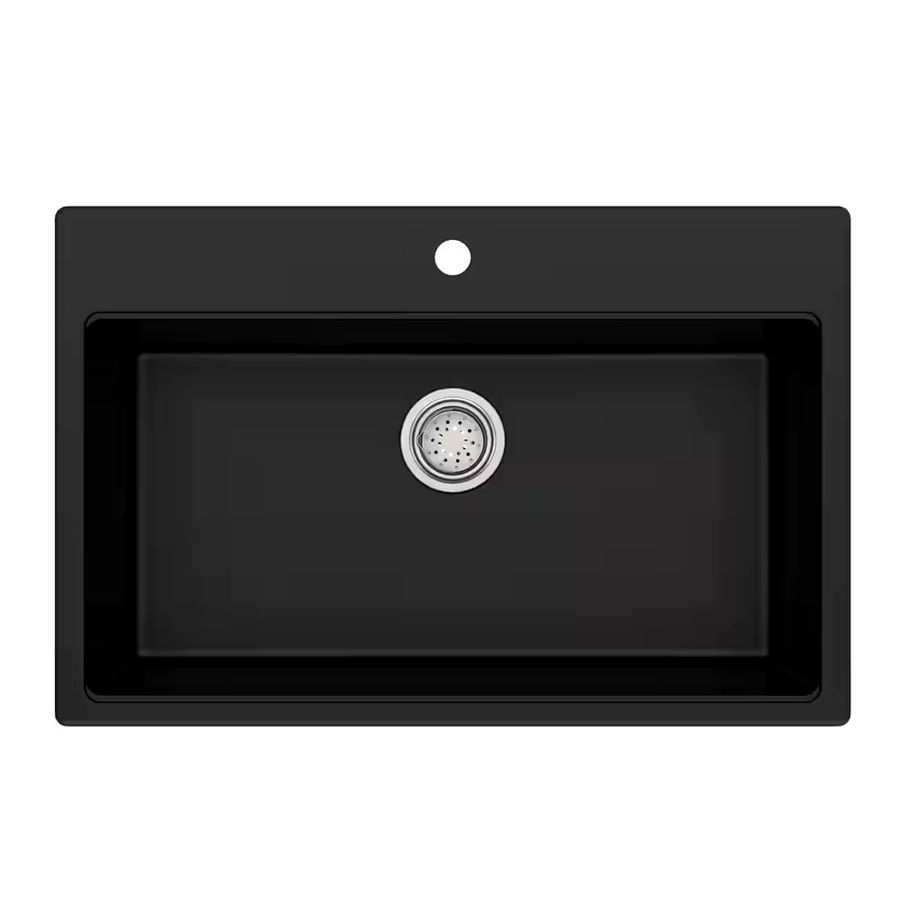 Kraus Quarza Top/Undermount Granite Single Bowl Kitchen Sink, Black Onyx, 31x20x9-in