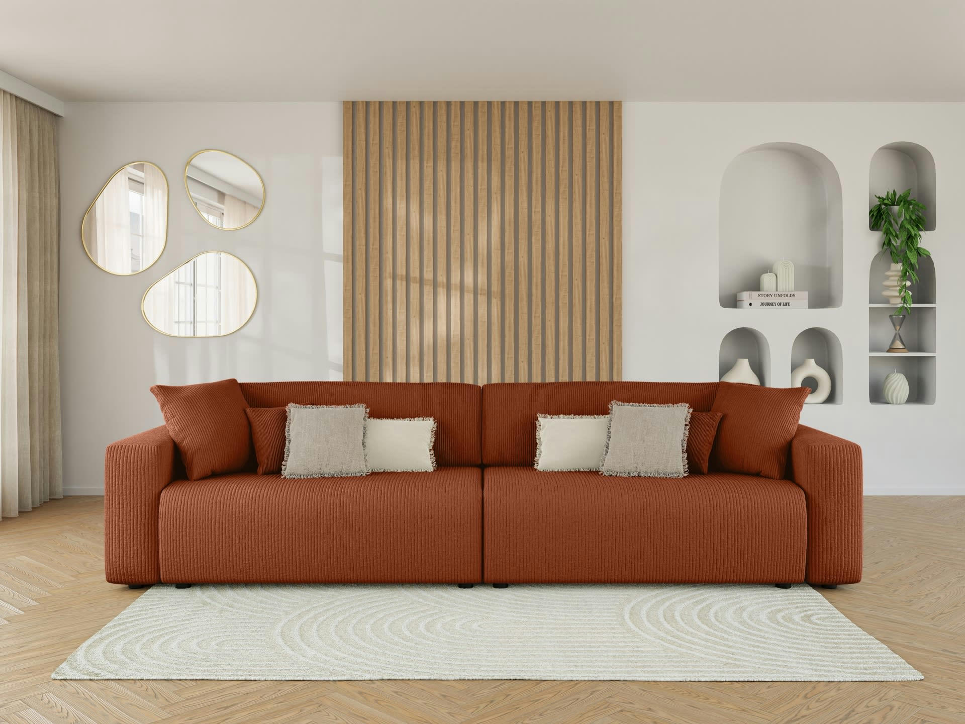 LEO - Canapé droit XL convertible en velours côtelé 5 places terracotta