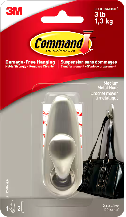 Command Medium Decorative Metal Hook with Adhesive Strips, Brushed Nickel, 3-lbs, 1 Strip per Pack
