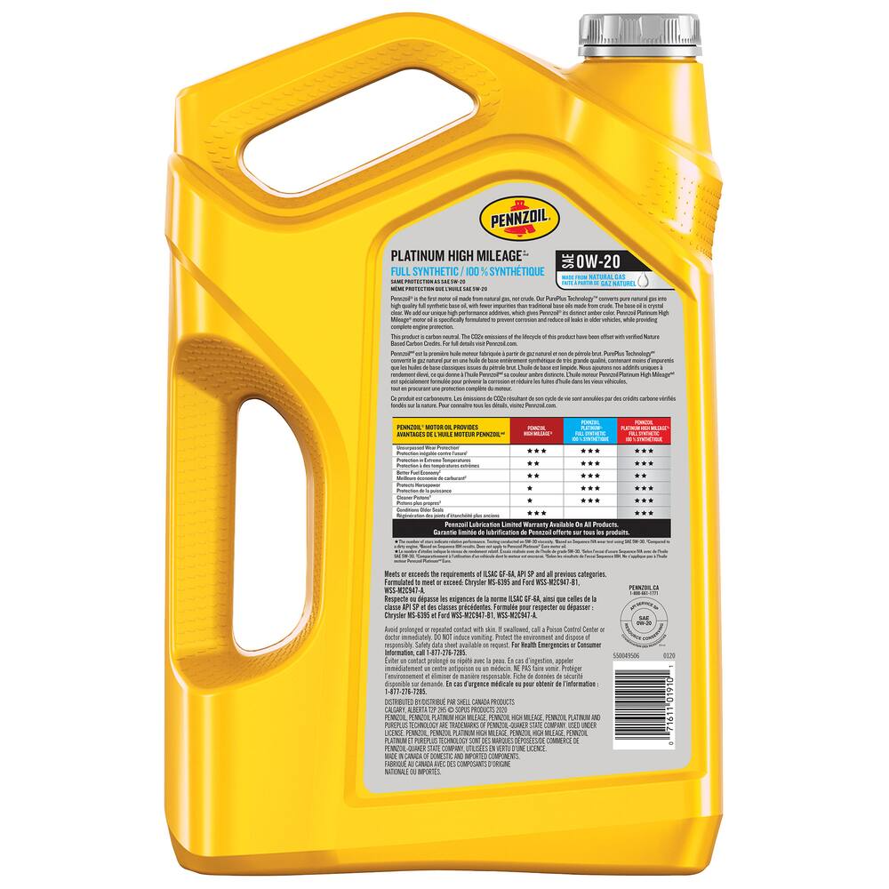 Pennzoil Platinum High Mileage 0W20 Synthetic Engine/Motor Oil, 5-L