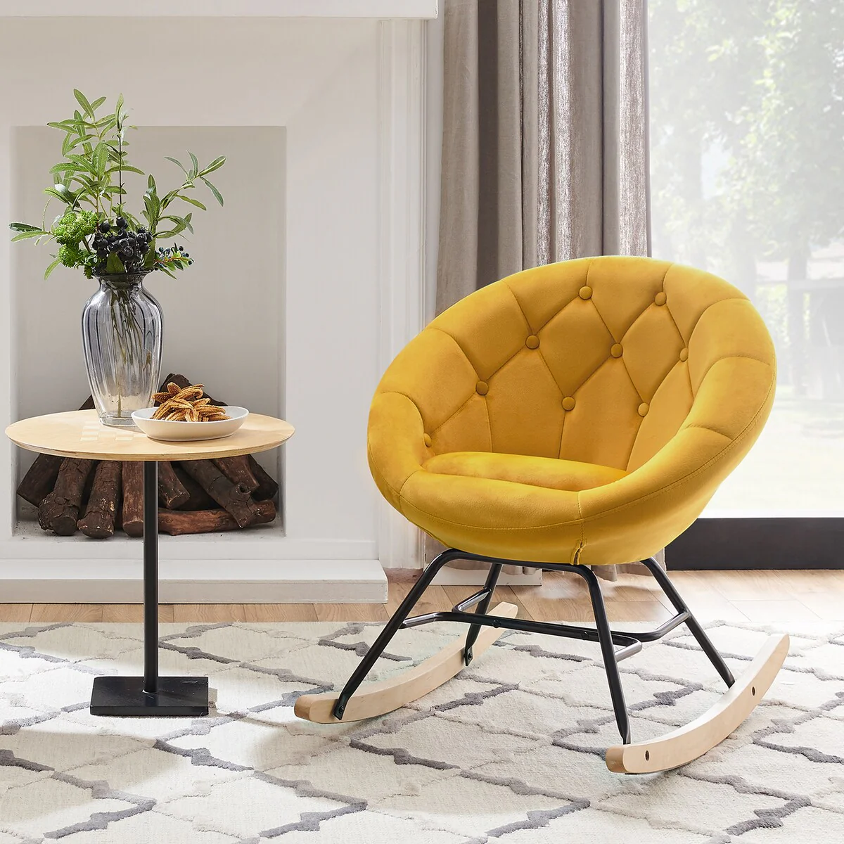 Art Leon Cute Velvet Tufted Back Round Accent Rocking Chair