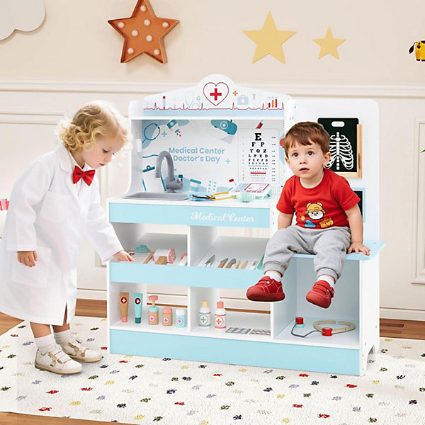 Jeu de Docteur en Bois pour 3  Ans Enfant, Jouet Médical de Rôle avec Stéthoscope, Moniteur ECG, Bleu