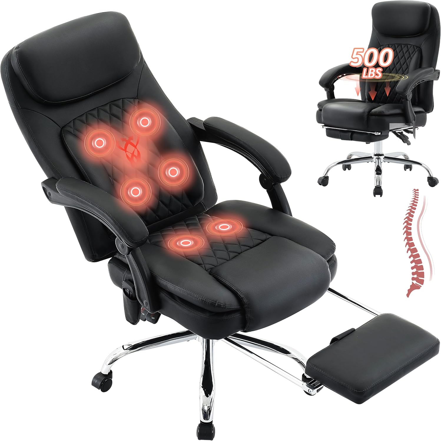 500LBS Massage Office Chair, 6 Points Vibration & Heat Executive Office Chairs, 135°Reclining Comfy Desk Chair with Foot Rest, Wider & Thicker Seat Cushion, PU Leather Big and Tall Gaming Chair, Black