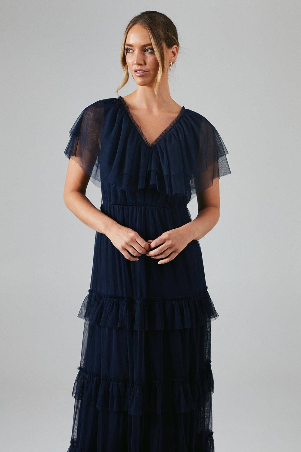 Coast V Neck Tiered Mesh Maxi Bridesmaid Dress