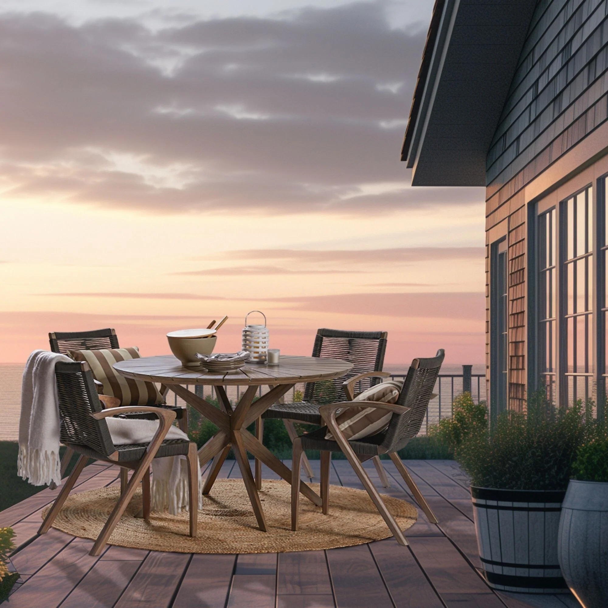 Solid Eucalyptus Wood and Rope Outdoor Patio 5 Piece Round Dining Set with Arm Chairs