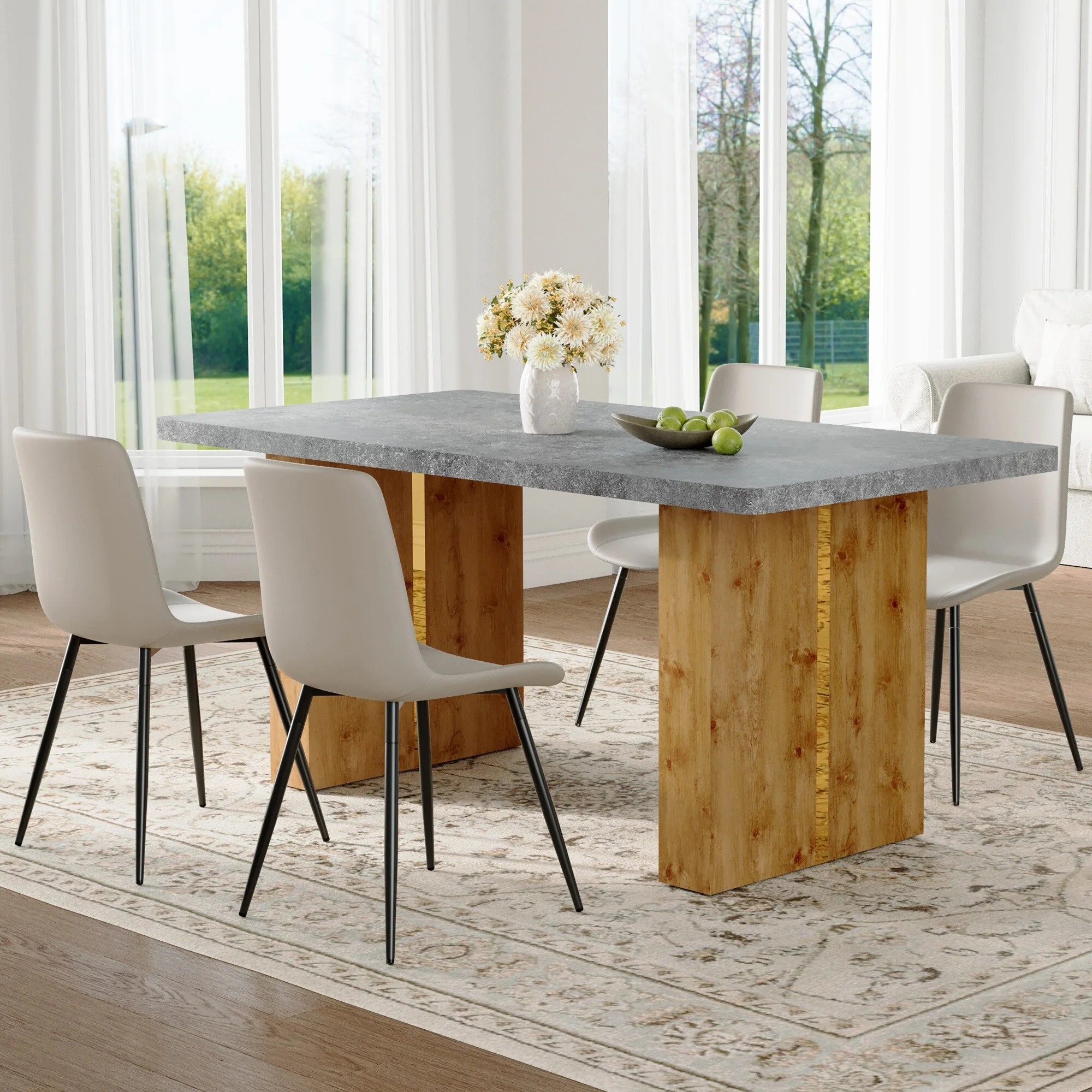 Table and chair set,Cozy Modern MDF Dining Set -with 4 Artificial Leather Chairs With Curved Widened Cushion Design