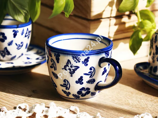 Filiżanka ze spodkiem 0,22 L / 14 cm Bolesławiec - Niebieskie Motyle gat. I