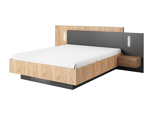 Lit avec chevets 140 x 190 cm - 2 tiroirs - Avec LEDs - Coloris : Naturel et anthracite - FRANCOLI