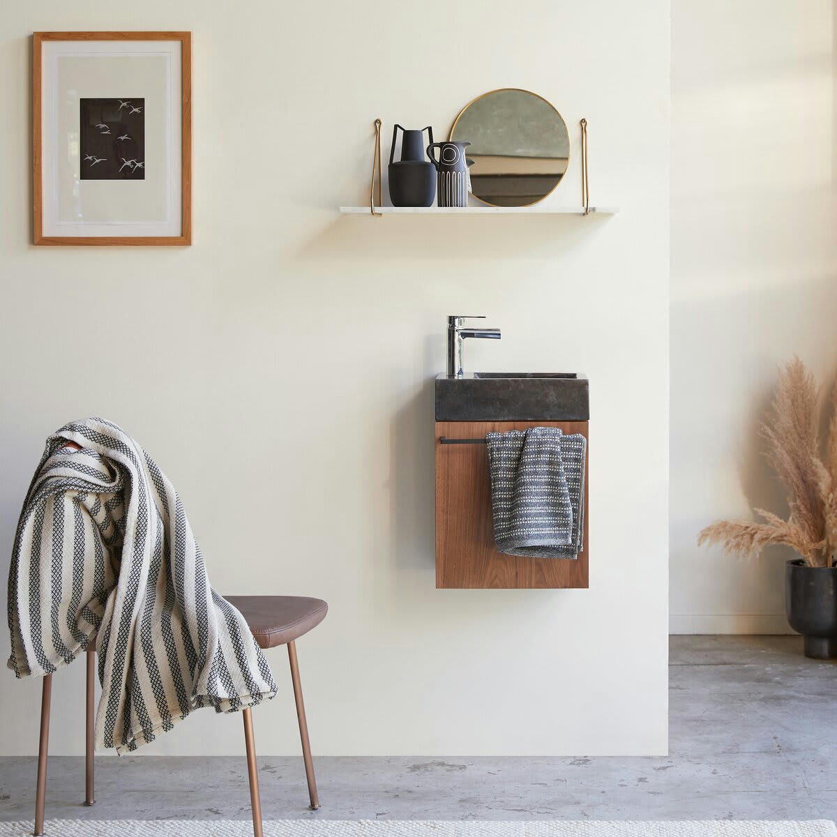 STELLE - Meuble Lave main en noyer massif et marbre noir