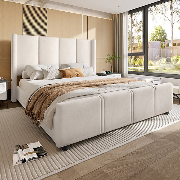 Lit Double 140x190 cm - Lit Capitonné Moderne avec Tête et Pied de Lit Hauts, Port USB Intégré - Beige