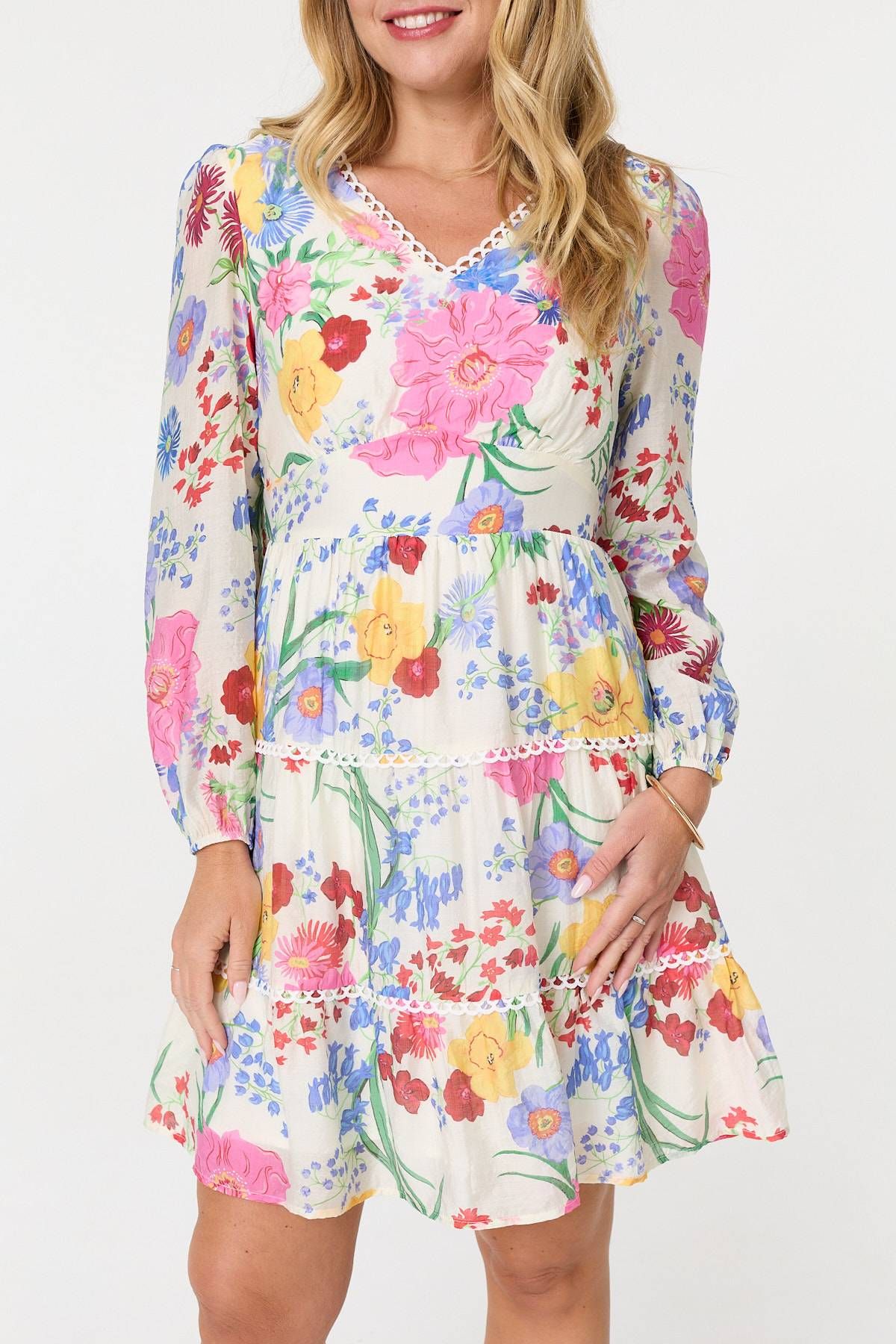 Izabel London Floral Long Sleeve Tiered Short Dress