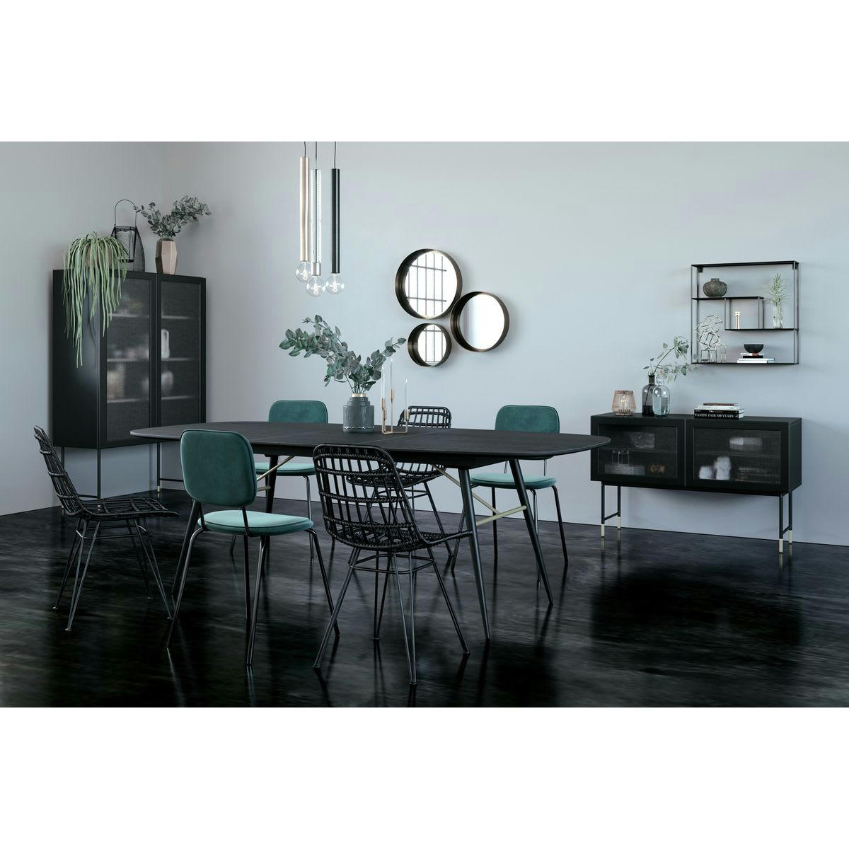VERONA - Table extensible 180 cm chêne plaqué noir, allonge intégrée