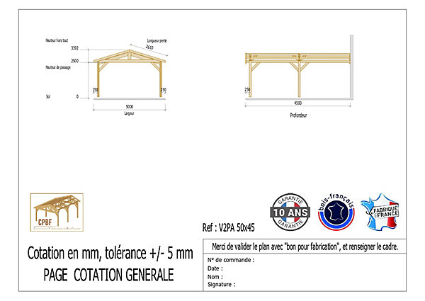 Carport adossé deux pentes 500cmx500cm bois DOUGLAS Français (Charpente en bois-auvent-abri voiture) 25m². Garantie 10 ans