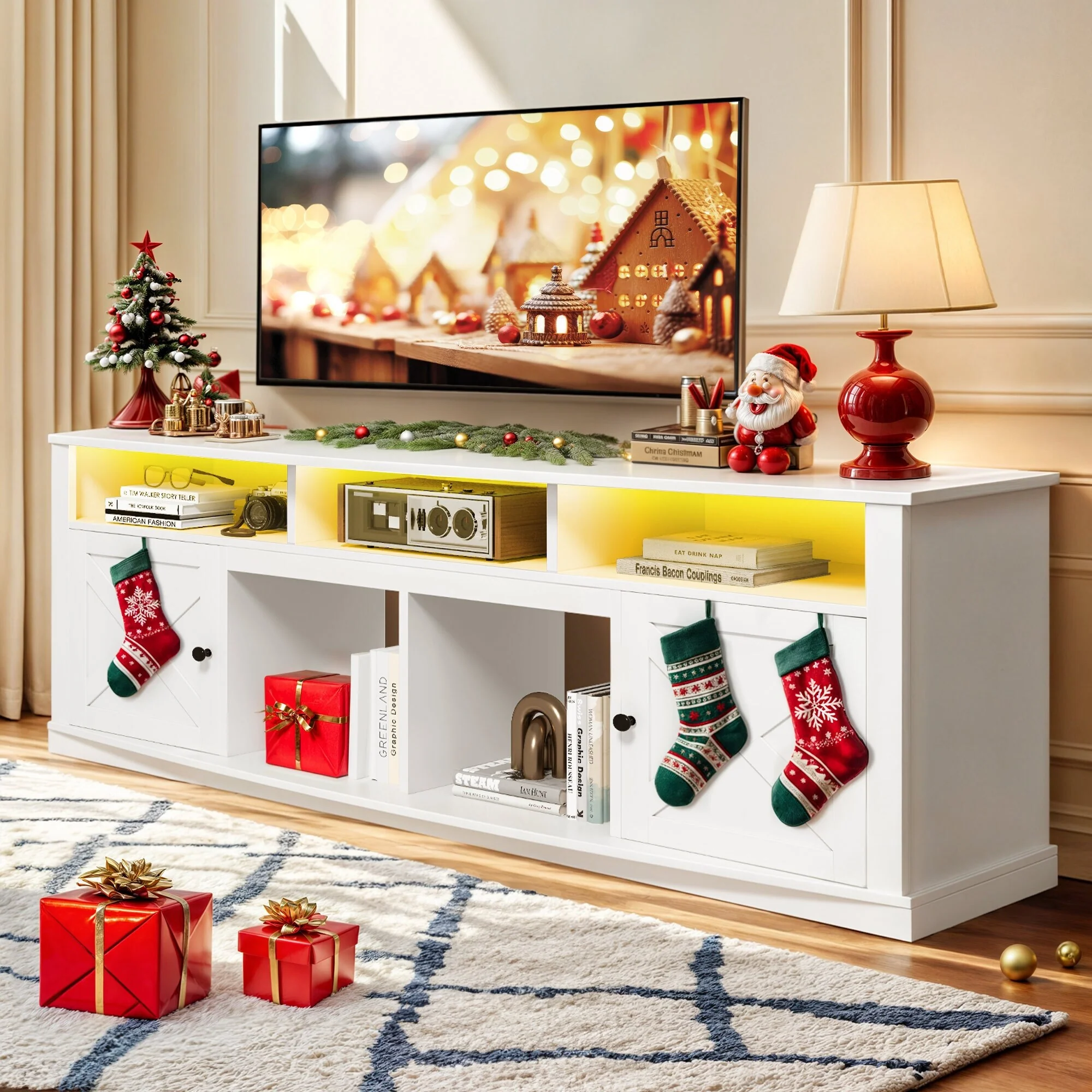Moasis 70 Farmhouse TV Stand with Lights - 70L x 13.3W x 26.7H