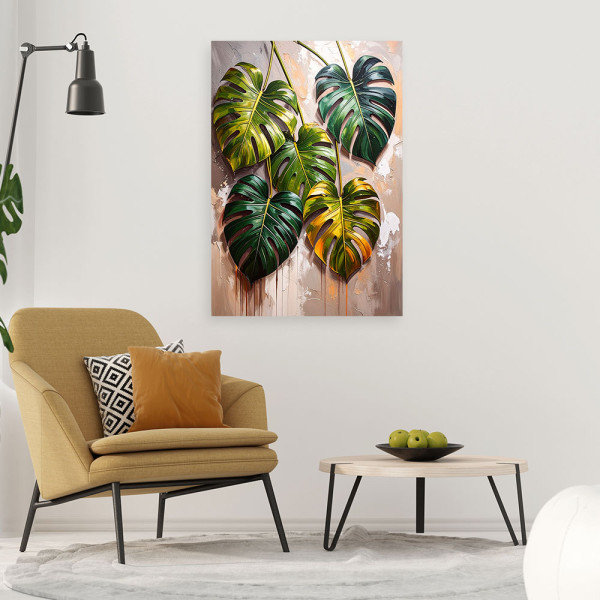 Feeby Obraz do salonu sypialni, Monstera Liście na malowanym tle 40x60
