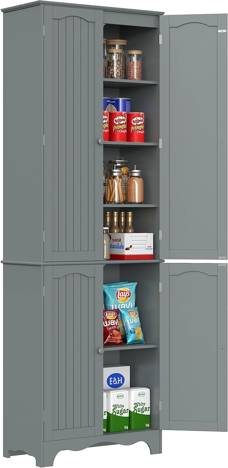 Function Home Tall Pantry Cabinet, Freestanding Storage Cabinet, Wooden Kitchen Pantry with 4 Doors and 5 Shelves, 72 Floor Cabinet Organizer for Kitchen Living Room Bathroom, Grey