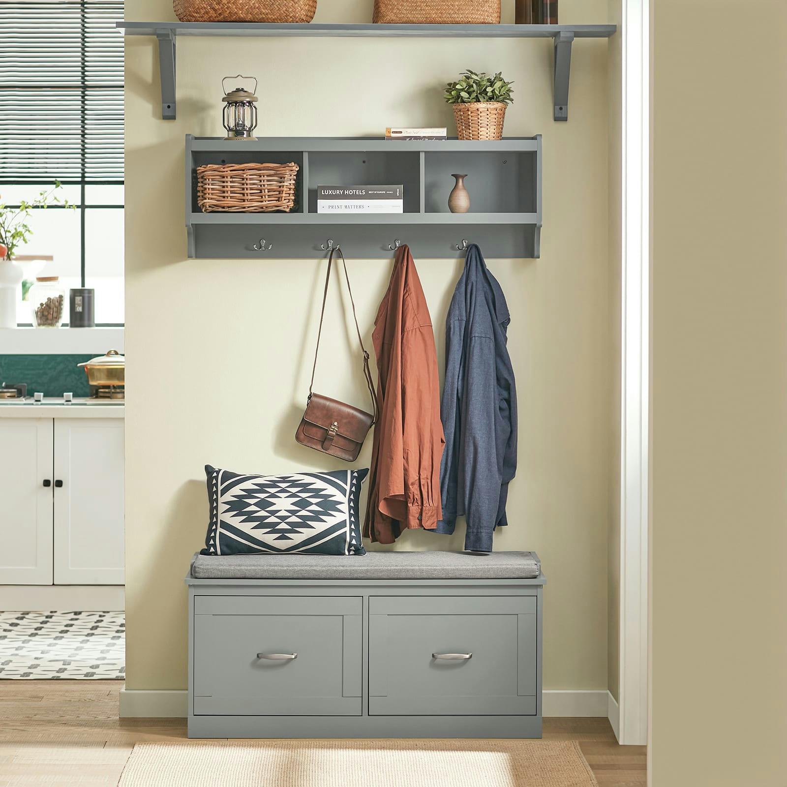 - Banc de rangement à chaussures 2 portes effet bois gris