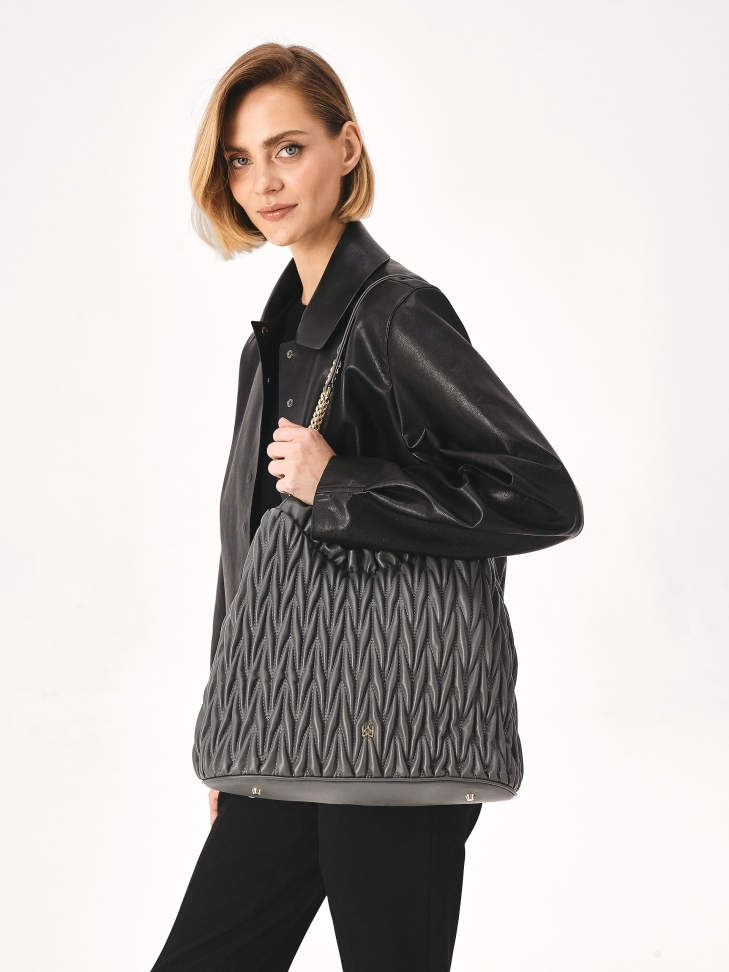 Quilted gray handbag with long handles