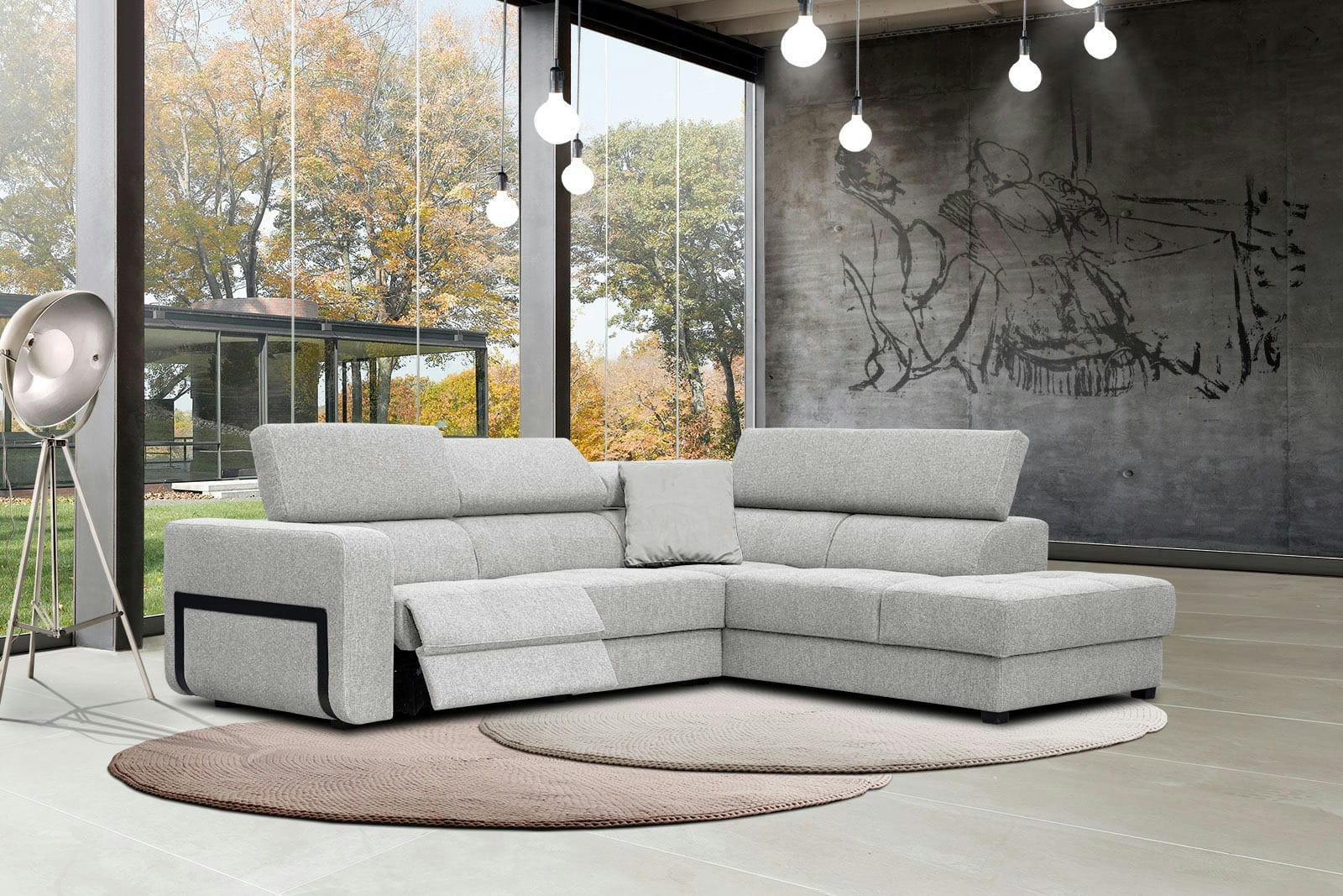 BERGO - Canapé d'angle droit 5 places avec relax électrique tissu beige clair