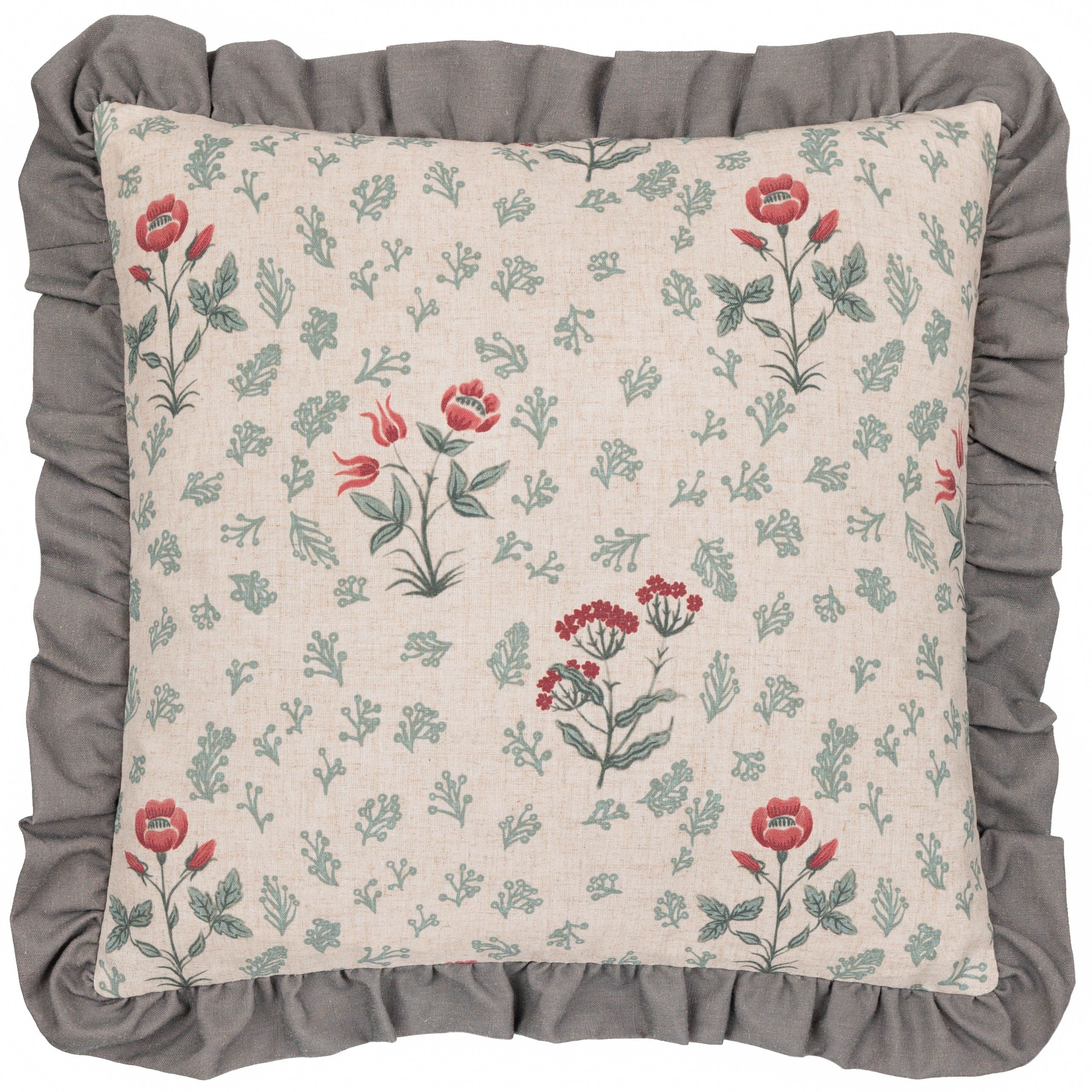 Paoletti Linen Renata Floral Printed Ruffle Cushion
