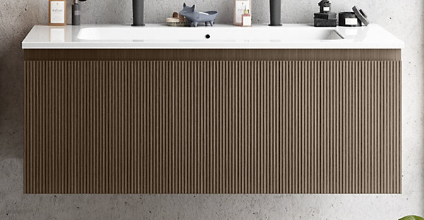 Meuble vasque suspendu plaqué noyer strié l.120 cm   plan vasque blanc céramique pour 2 robinets, Pura