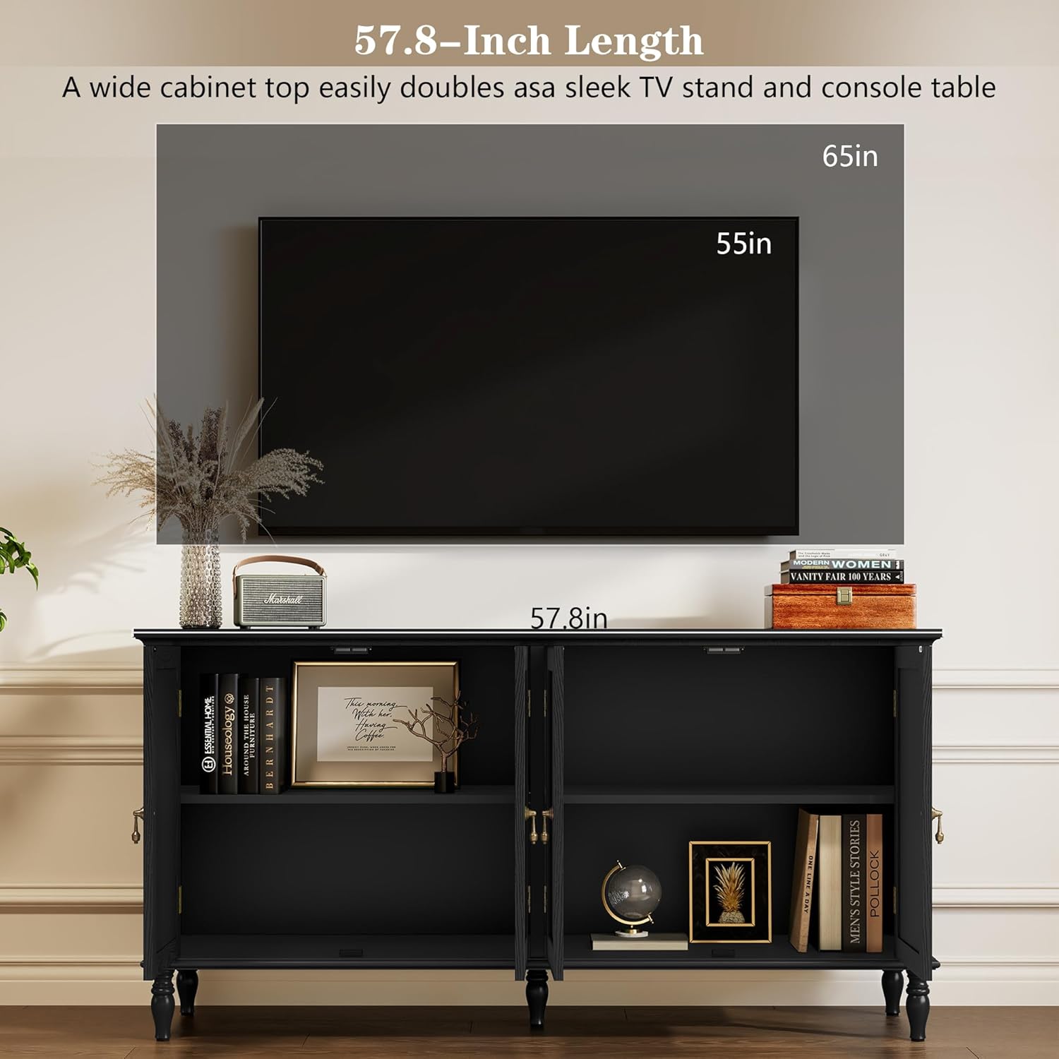 ARTPOWER 58 Sideboard Buffet Cabinet with Storage, Retro Wood Accent Cabinet with 4 Doors, Credenza with Adjustable Shelves for Living Room, Dining Room, Entryway, Black
