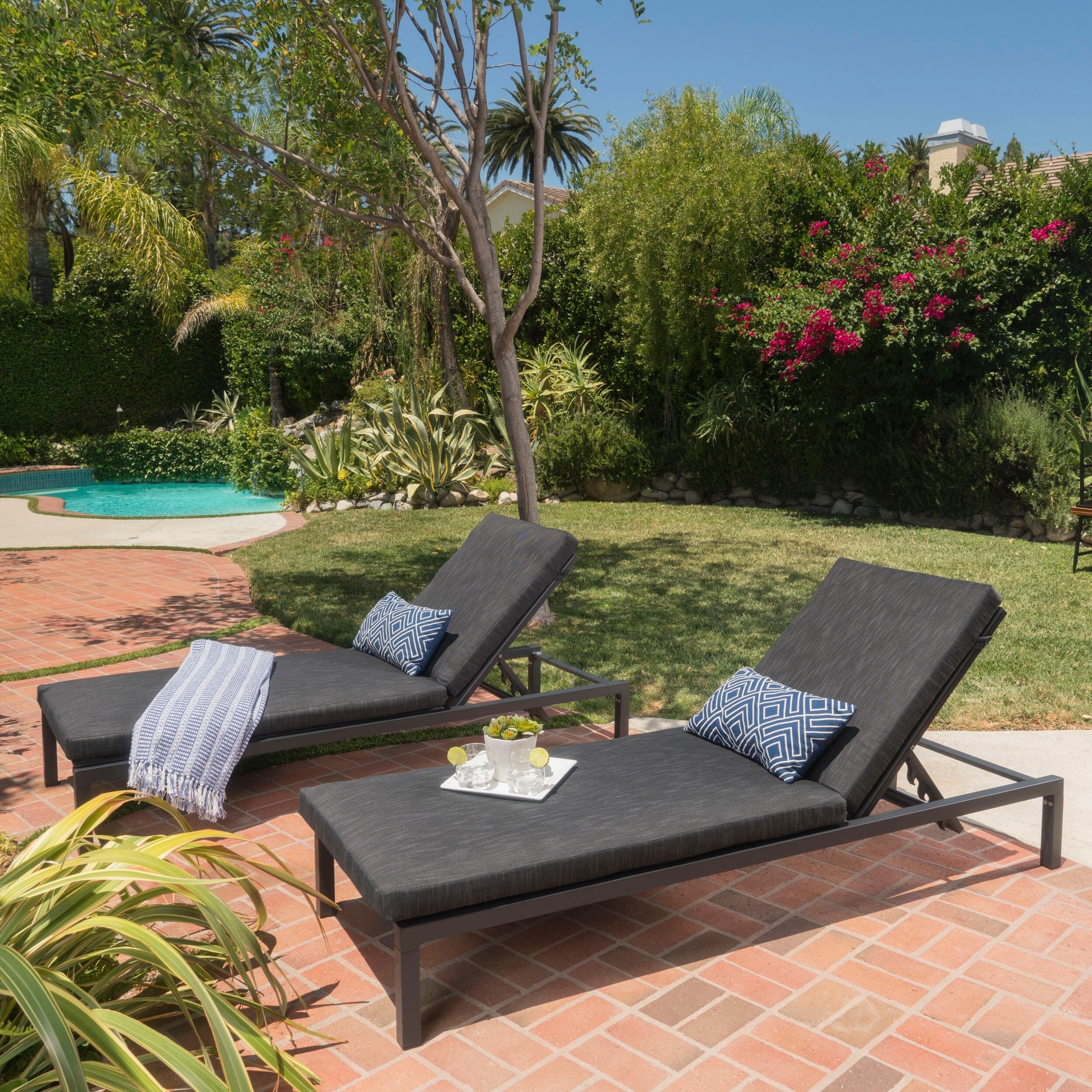 Modern 2-Piece Adjustable Chaise Lounge Chair Set, Foldable Outdoor Reclining Chairs with Water-Resistant Cushions