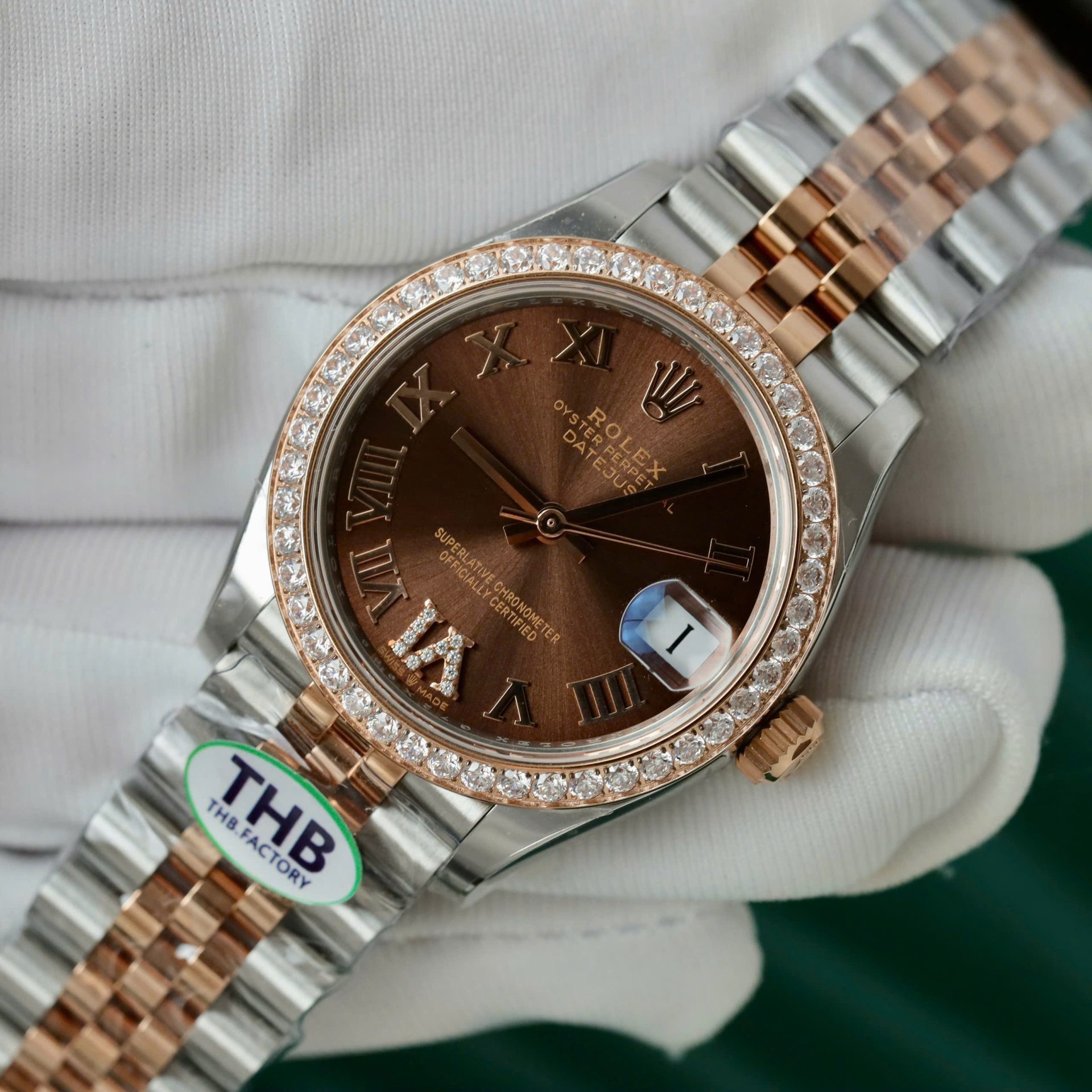 Rolex Datejust SS/RG Plated Chocolate Dial CZ Diamonds 31mm Jub THBF Replica