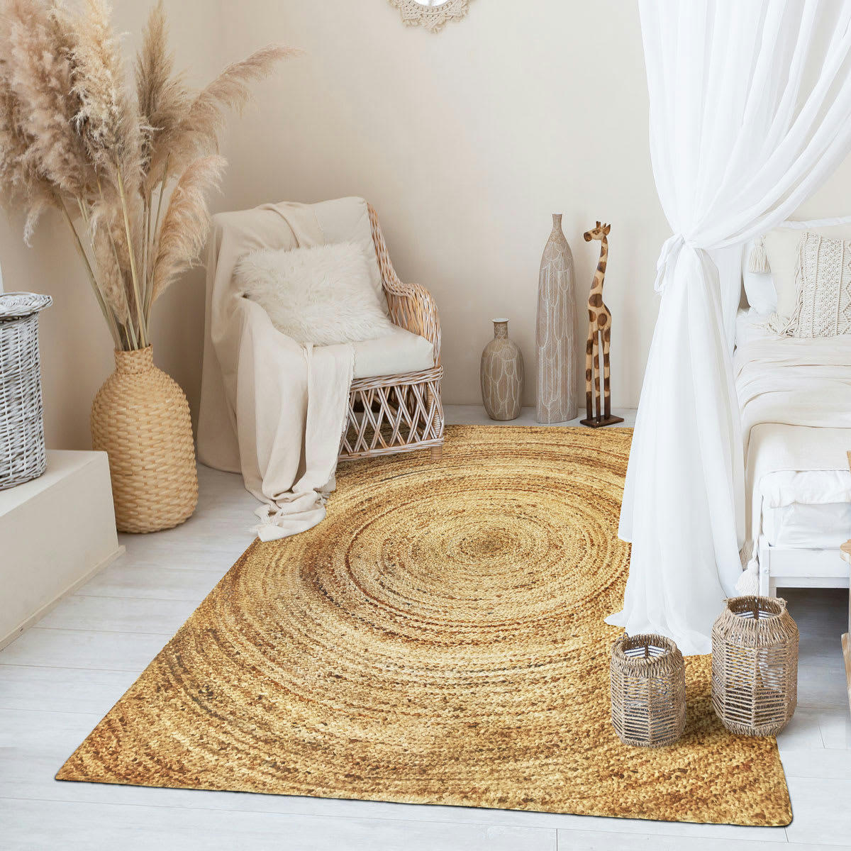 SUNNY - Tapis en jute tressé main, motif rond naturel 160x230