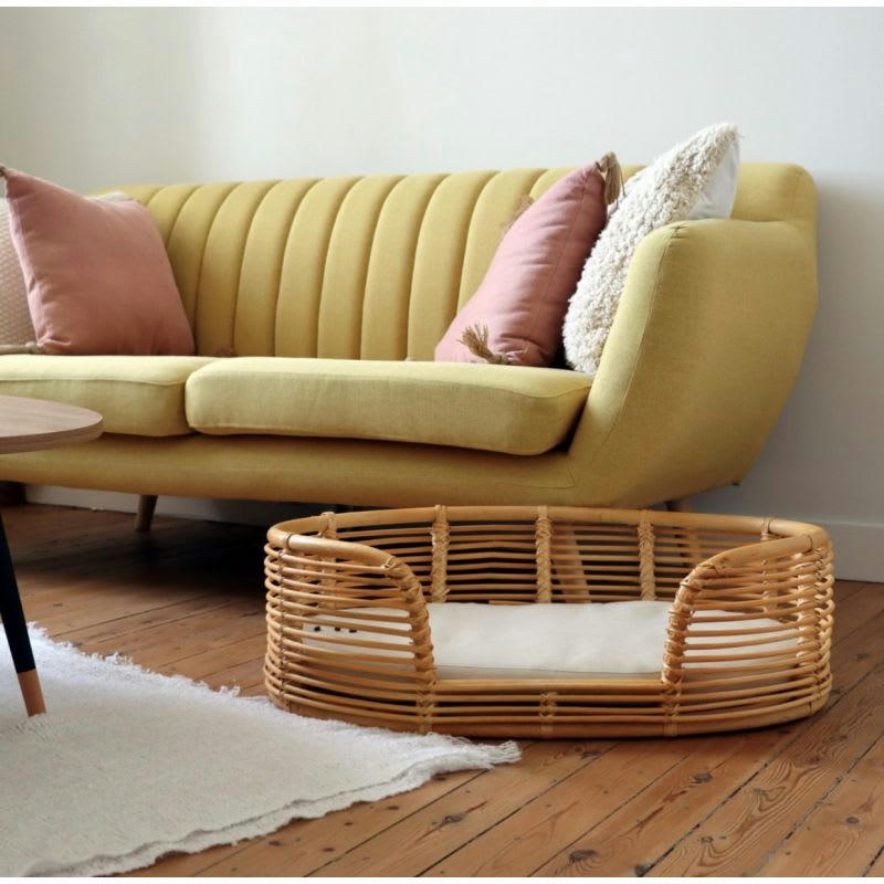 HEBE - Panier ovale pour chien et chat en rotin coussin écru