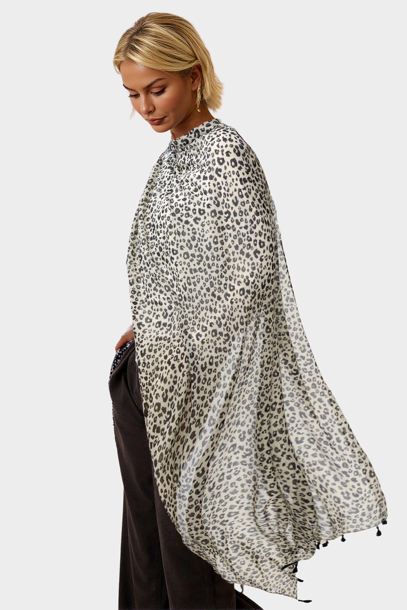 FS Collection Black Leopard Print Tassel Scarf In White
