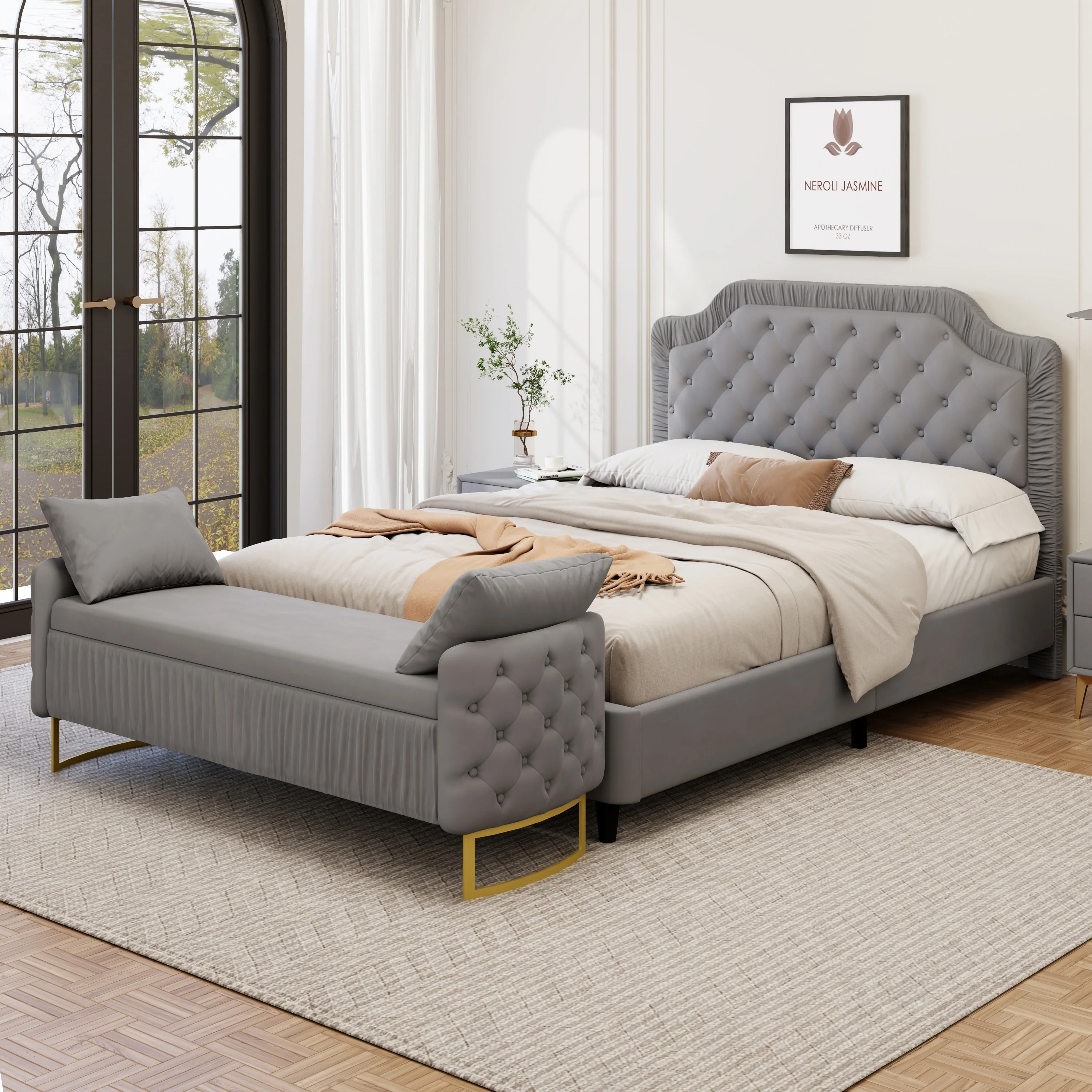 2-Piece Bedroom Set with Velvet Upholstered Bed and Storage Ottoman Bench by Harper&Bright Designs