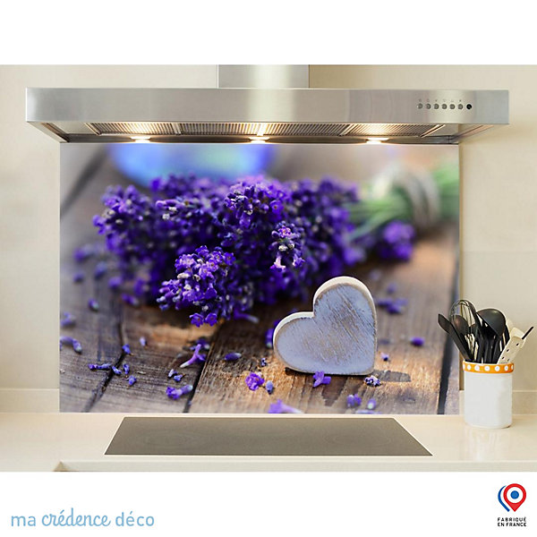 Crédence cuisine fond de hotte Lavande et cœur - Verre trempé - L 90 cm x H 70 cm - MaCrédenceDéco