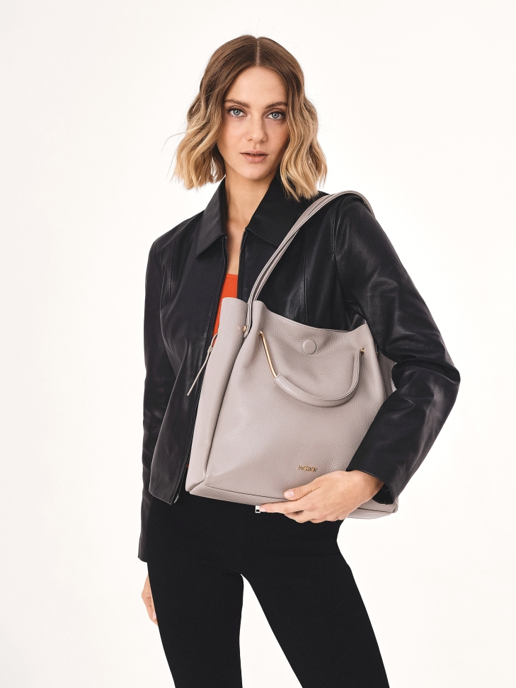 Grey leather handbag with metal handles and strap