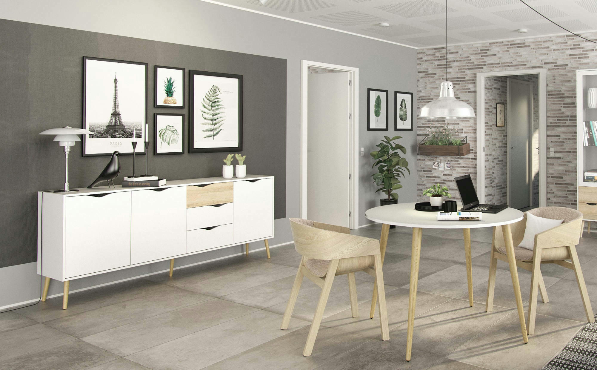 - Buffet à 3 portes effet bois blanc