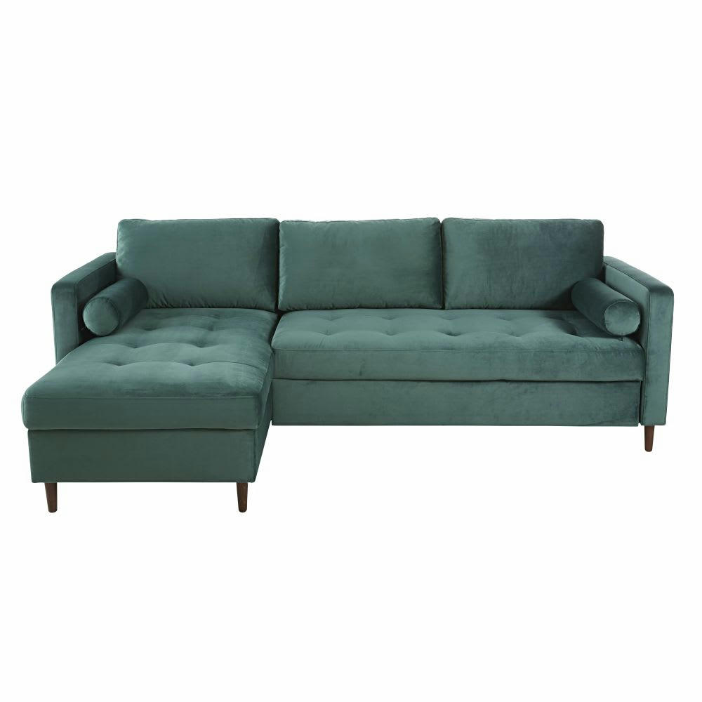 Olivia - Canapé d'angle convertible 4 places en velours vert