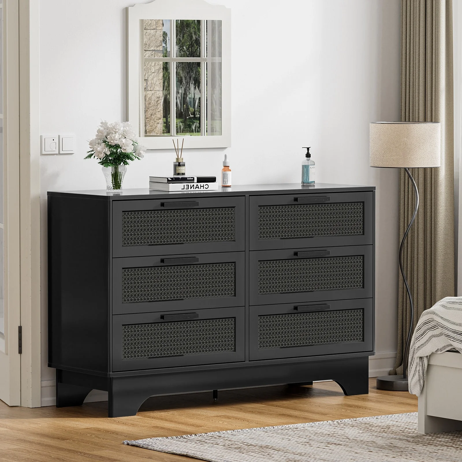 Anmytek Modern Black 6-Drawer Double Dresser for Bedroom Wood Rattan Chest of Drawers