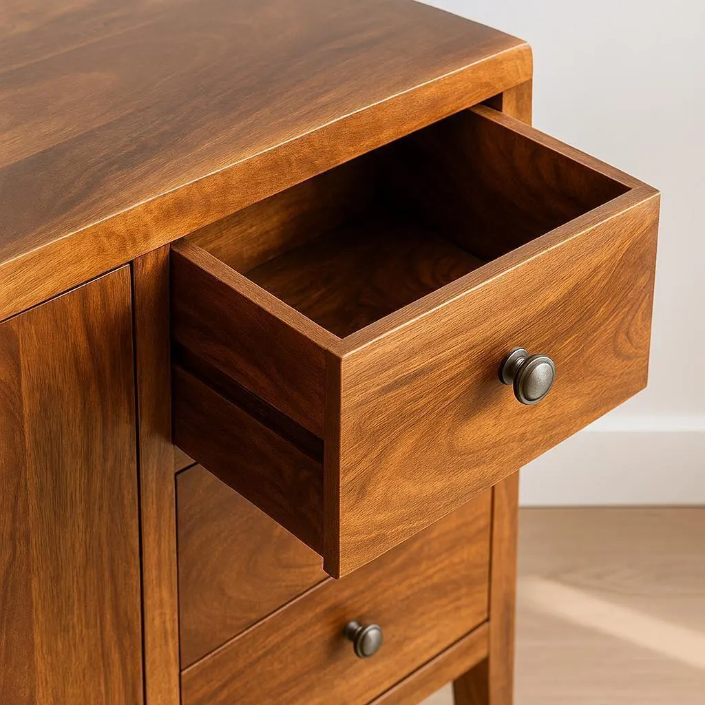 Solid Mango Wood Cabinet - Chestnut Sideboard with Drawers and Cupboard | US Stock