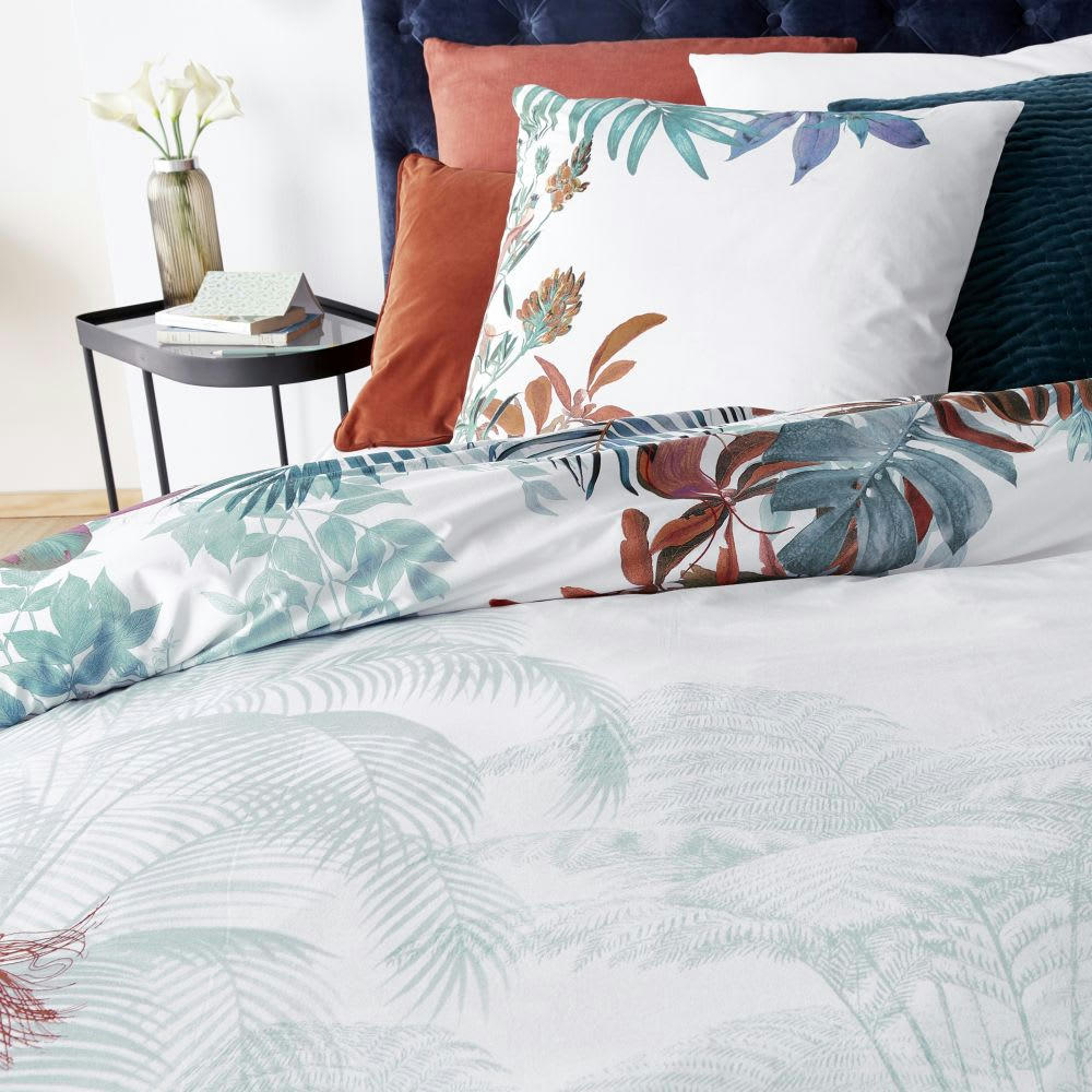 - Parure de lit en coton biologique motifs imprimés jungle verts et roses 240x220