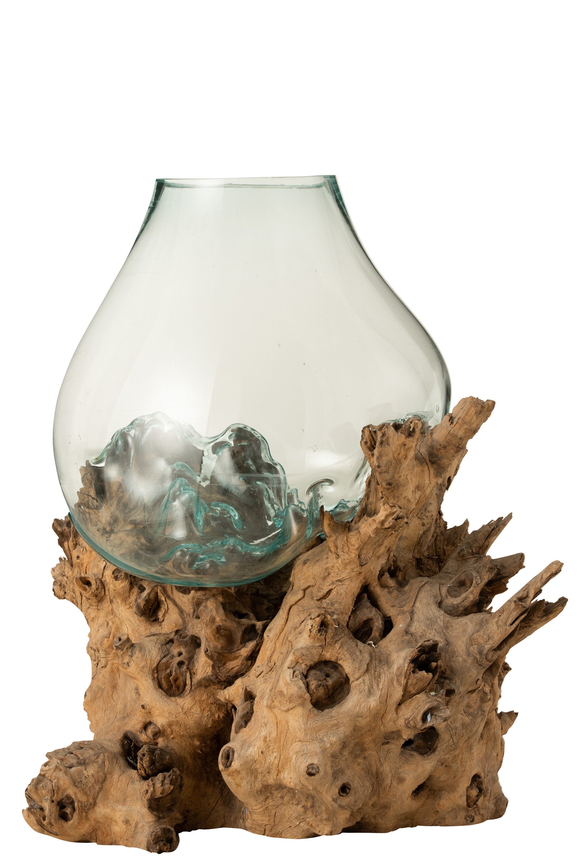 J-Line vaas op voet Gamal - hout/glas - naturel - transparant - extra large - 78.5 cm hoog