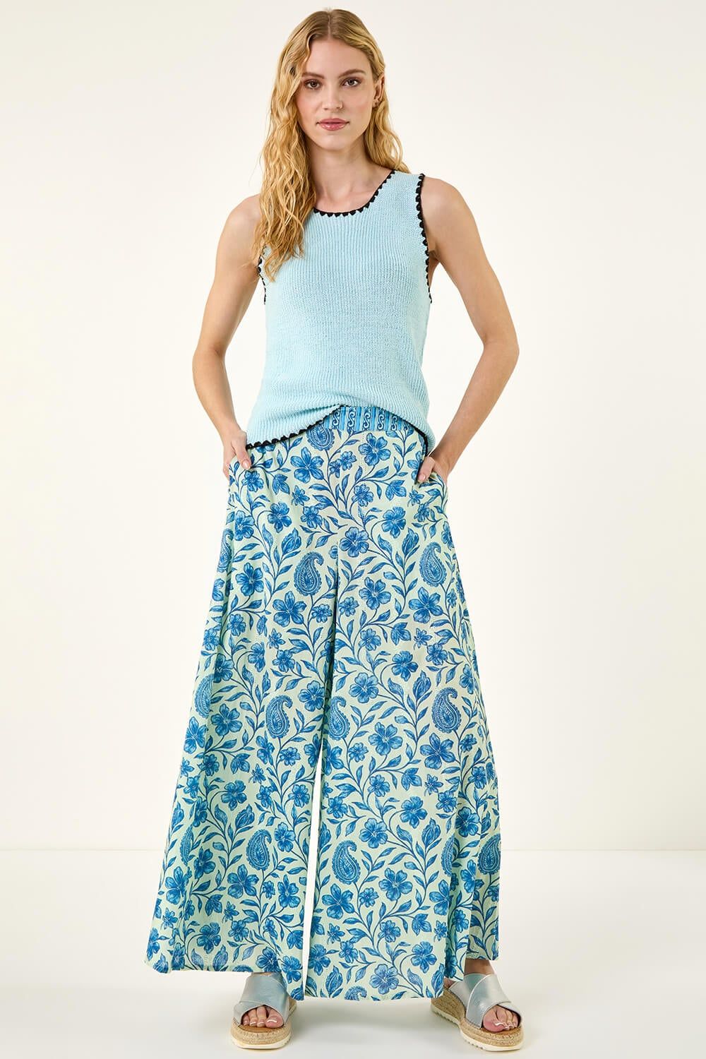 Roman Floral Print Textured Palazzo Trouser