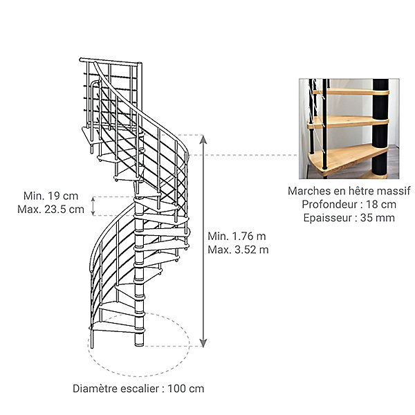 Escalier colimaçon 13 marches - Hauteur à franchir 2.54 à 3.05m - Structure grise et marche hêtre - Diamètre 100cm - VENE100/GH-13