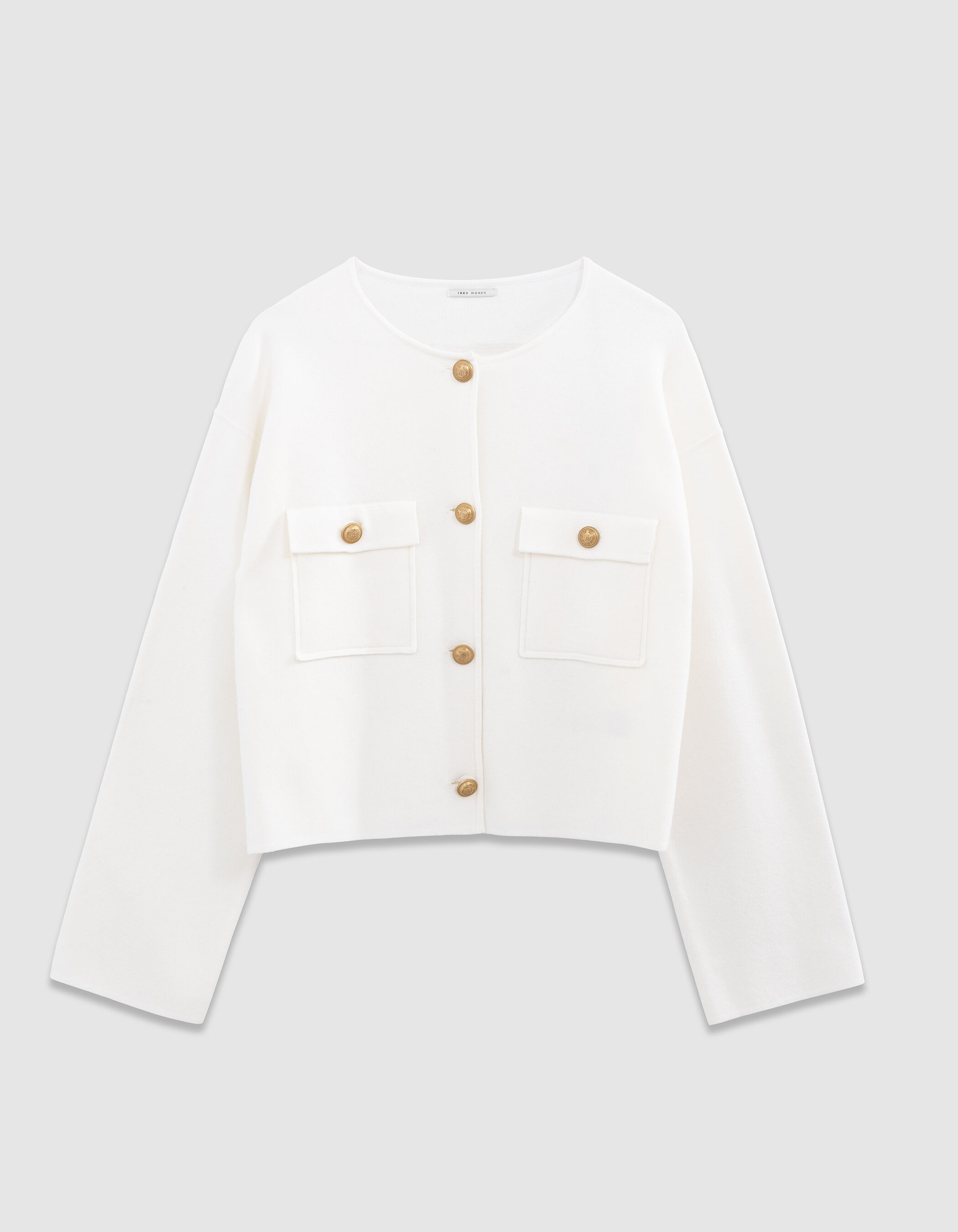 Cardigan court blanc tricot poches plaquées Femme