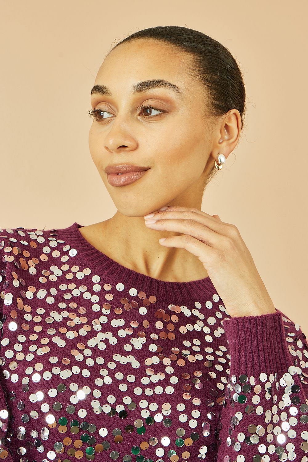 Yumi Burgundy All Over Sequin Relaxed Fit Jumper