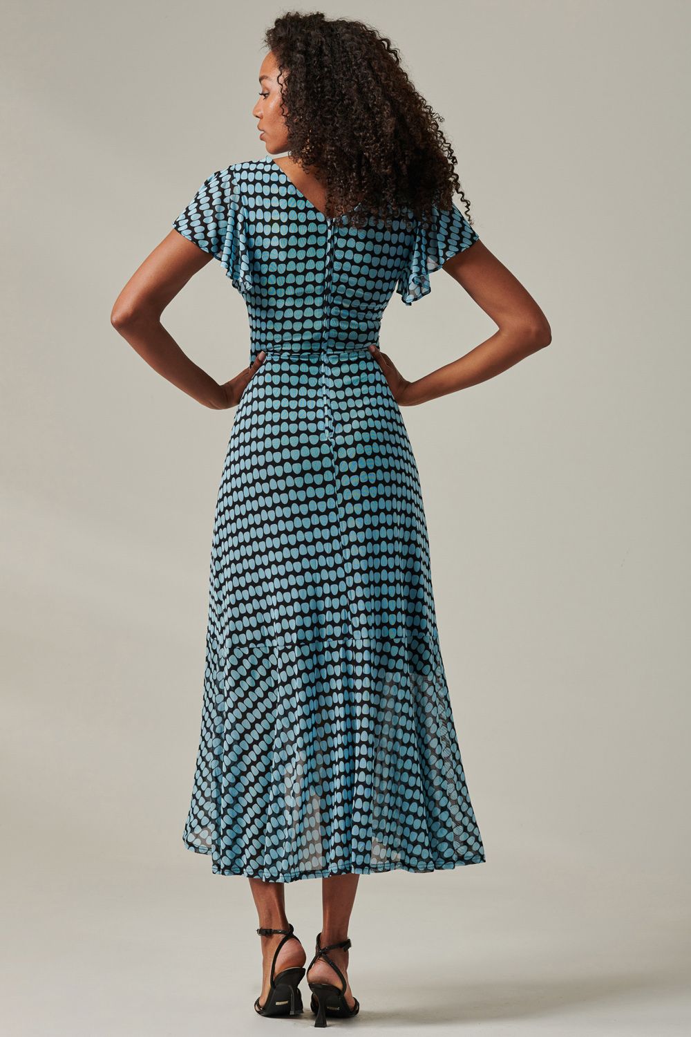 Jolie Moi Geo Print Ruffle Hem Mesh Maxi Dress