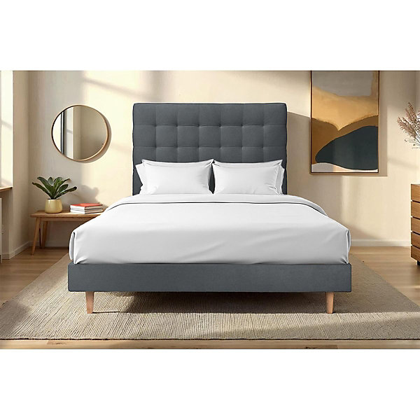 Lit avec tête de lit capitonnée velours et sommier kit- Lit en bois massif
