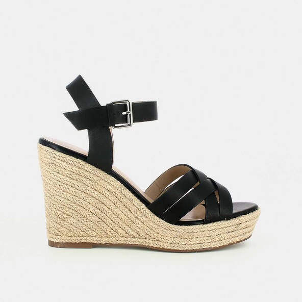 Espadrilles à talons compensésen cuir noir | SACHA