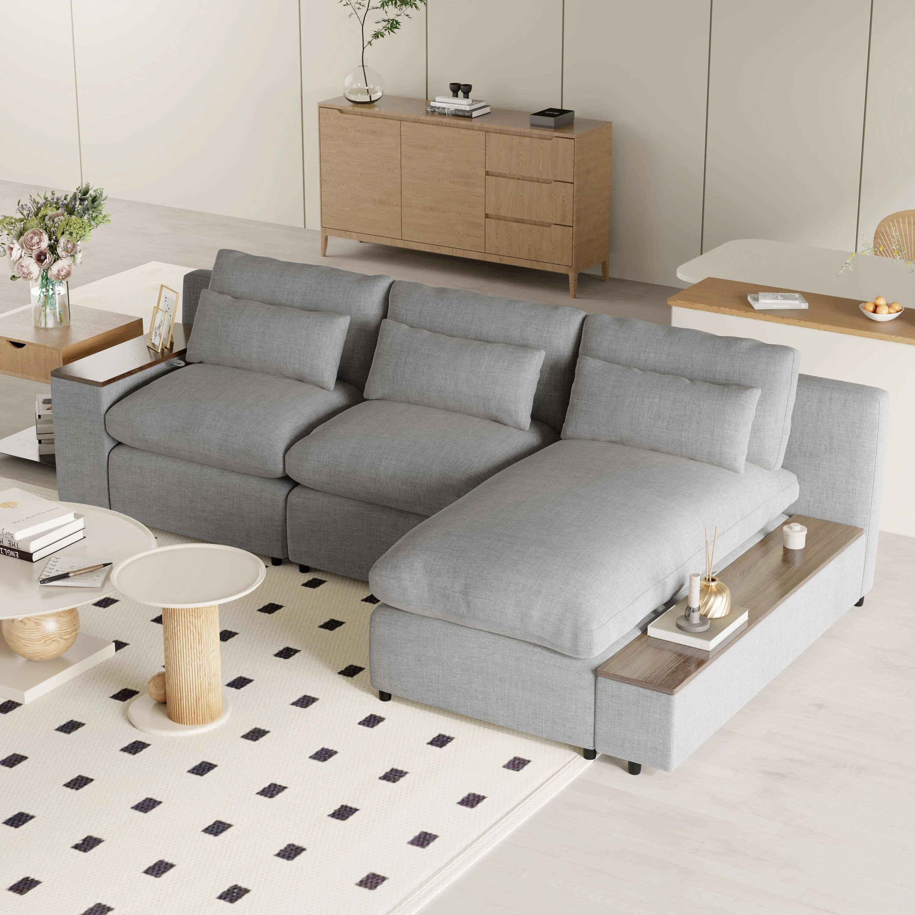 109.8'' L-Shaped 3-Seat Modular Sectional Sofa with Removable Cushions and Two Storage Compartments for Living Areas