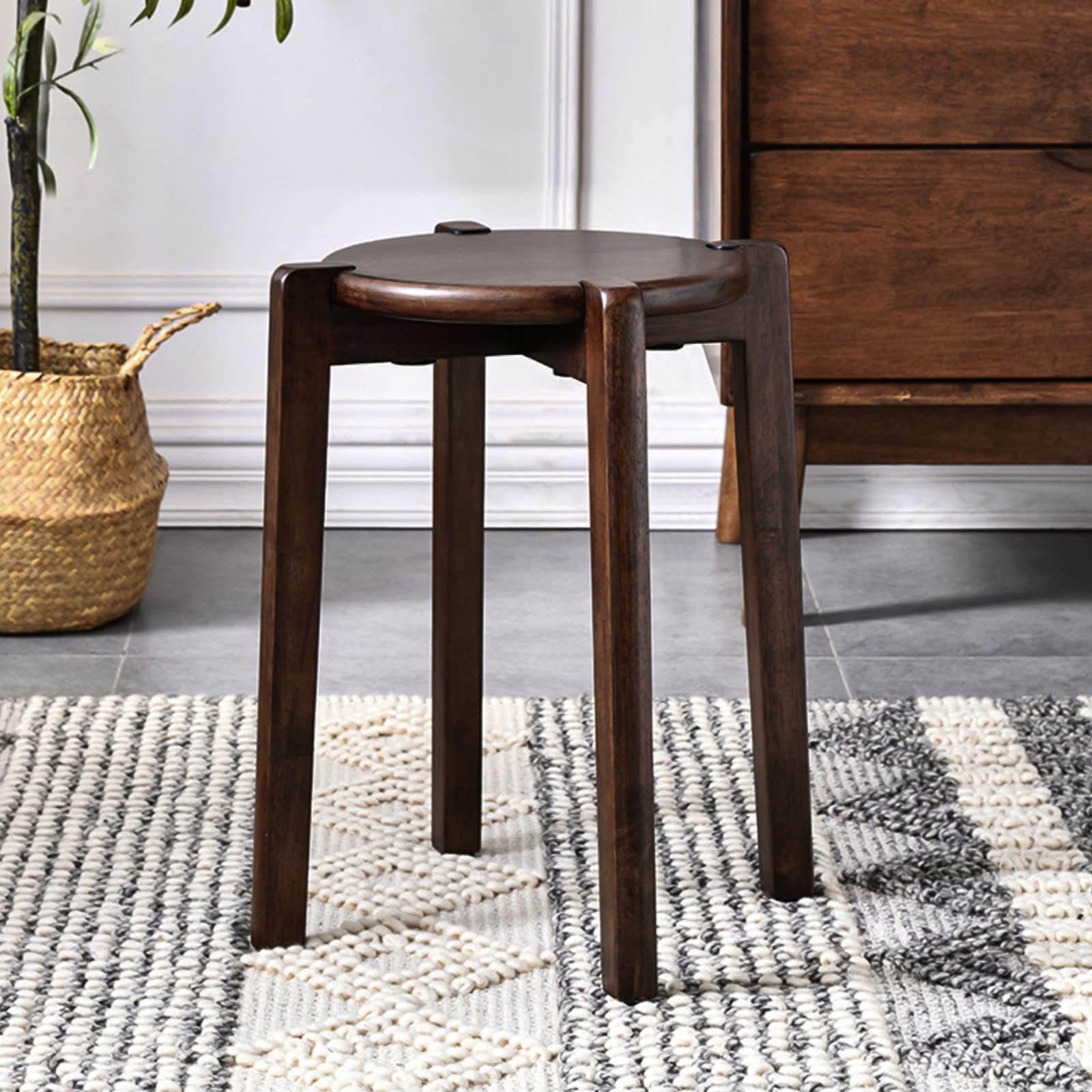 Stackable Rubber Wood Round Stool Vintage Backless Chair Plant Stand - 17.7H x 15.7W