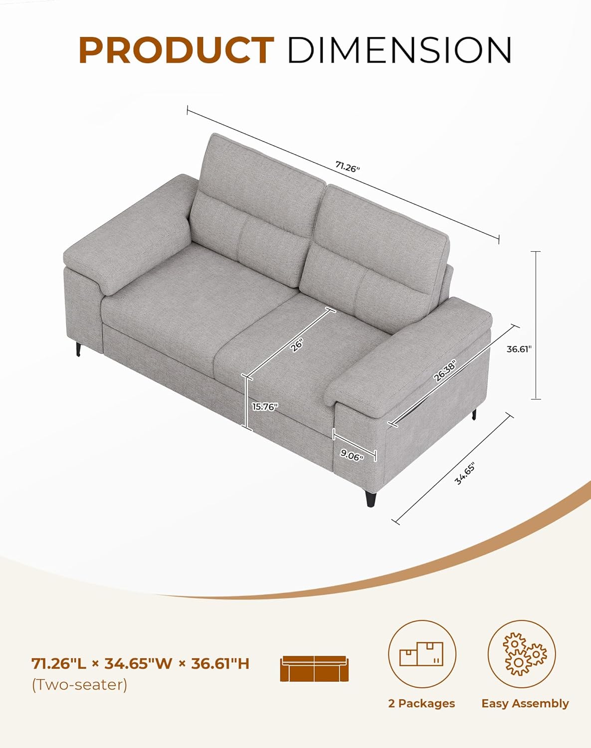 71.25 Modern Couches for Living Room, Deep Seat Sofa with 8” Cushion, Comfy 2-Seater Chenille Loveseat with Convertible Armrest, Removable Sofa Cover, High Leg(Light Gray)